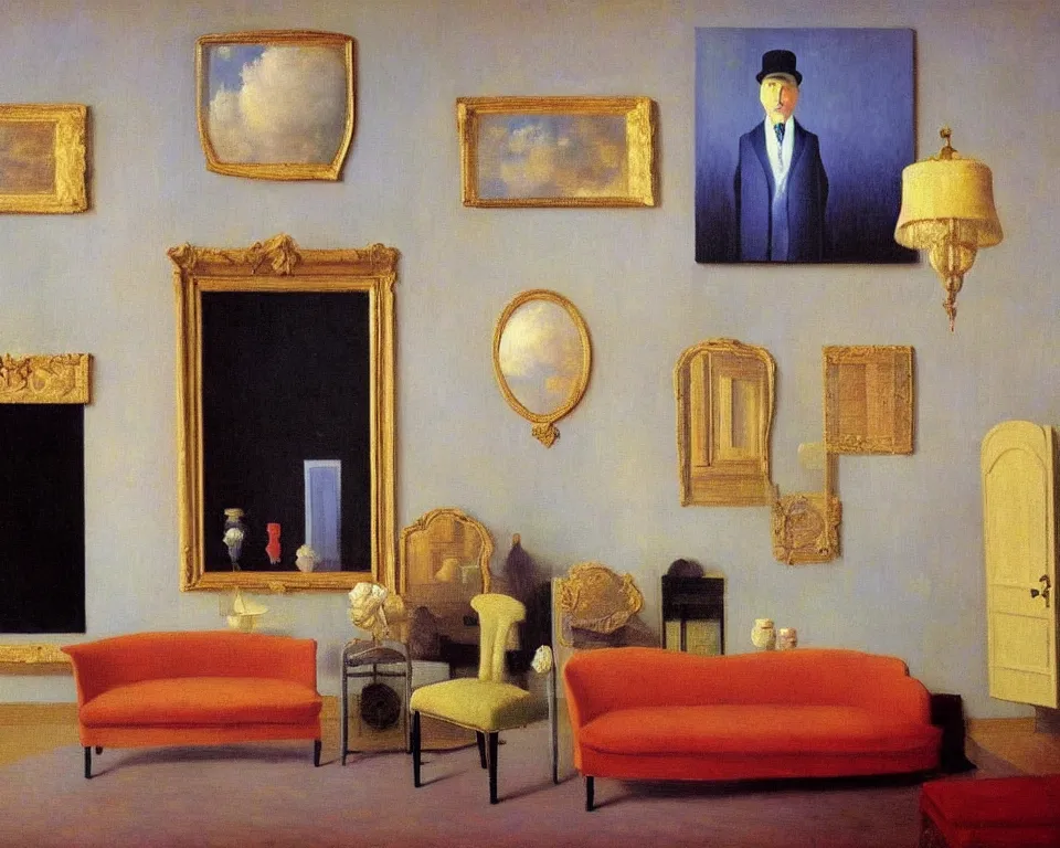 Image similar to achingly beautiful painting of a sophisticated, well - decorated, modern parlor by rene magritte, monet, and turner. whimsical.