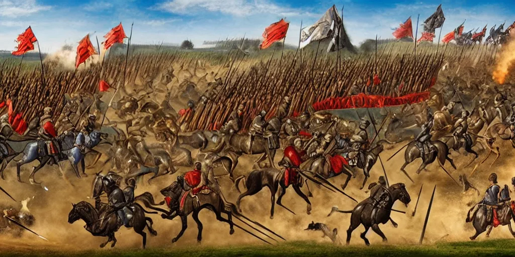 Image similar to medieval battlefield filled with cavalry fleeing from monster trucks