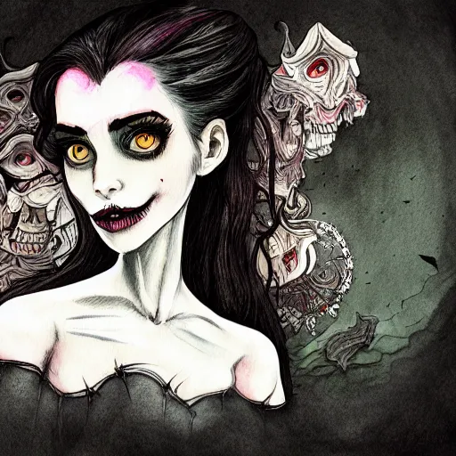 Image similar to a rotten smug exclusivists, female, black ink line art and watercolor, intricate, digital painting, concept art, smooth, focus, rim light style tim burton