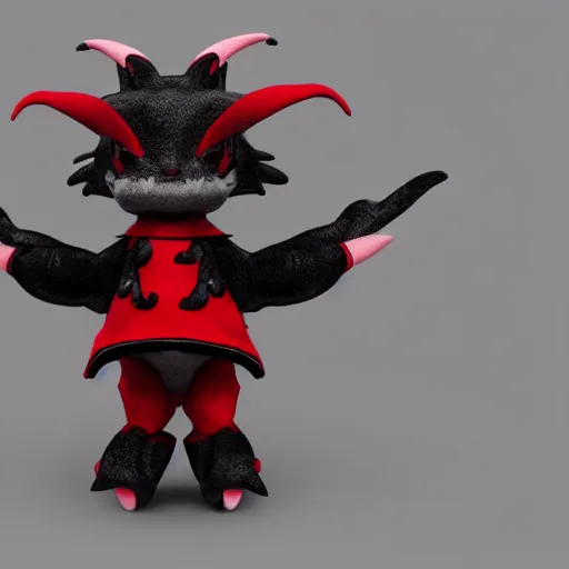 Prompt: a cute fumo plush dwagon imp in a traditional patterned black and red uniform, gothic, vray