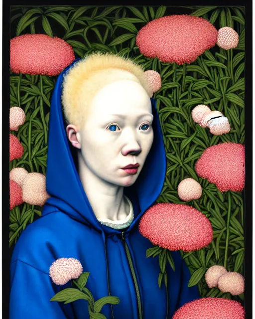 Prompt: portrait of a woman with albinism, wearing a neon blue hoodie, standing in a botanical garden full of flowers, intricate details, high detail, in the style of rogier van der weyden and jacopo da pontormo, by mark ryden, punk, asian art,