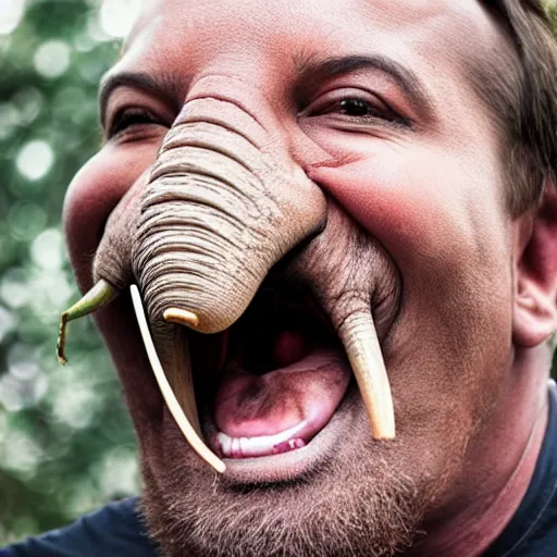 Image similar to huge elephant tusks growing out of mans mouth