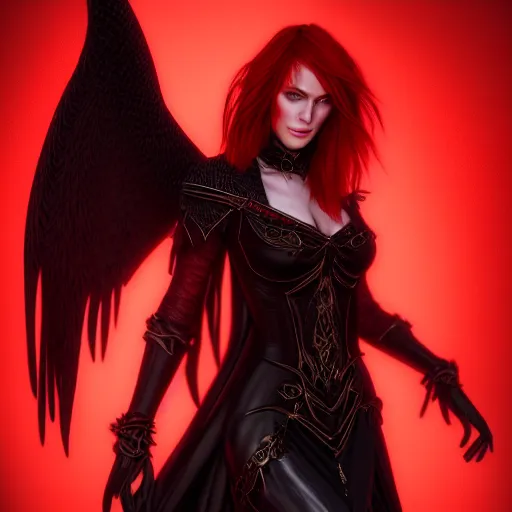 Prompt: beautiful female mage with red hair, keira knightley, black clothing, dark feathered wings, intricate, highly detailed face, trending on artstation, dramatic lighting, 4 k