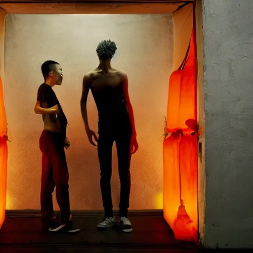 Image similar to a tiny nightclub with a few red chinese lanterns, a couple of modern subculture teenagers standing and talking to each other, wearing black modern clothes, designed by rick owens, hyperrealistic, extremely lifelike attributes & lifelike texture, hyperdetailed, colorful, by gregory crewdson