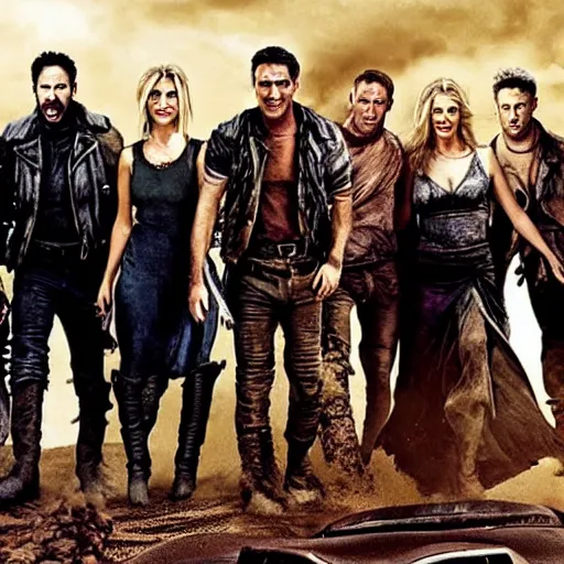 Image similar to The cast of Friends in Mad Max Fury Road (2015) dynamic action battle