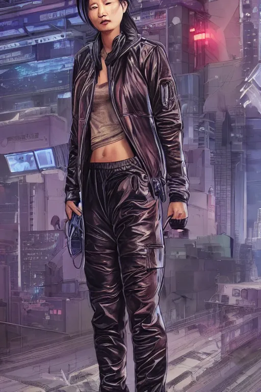 Prompt: a full body illustration of an Asian female cyberpunk character wearing baggy techwear jacket, leather pants and tennis shoes, highly detailed, soft lighting, by Glenn Fabry, HD, 4K