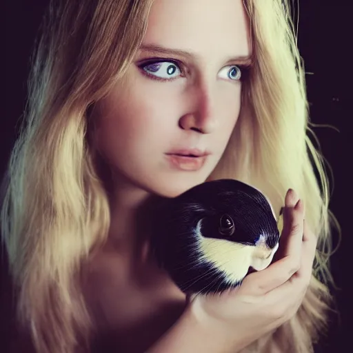 Prompt: Caucasian white girl from Australia, wearing eyeliner, holding her dark brown guinea pig, out in the wilderness at morning, trending on artstation, artstationHQ, artstationHD, photorealistic imagery.