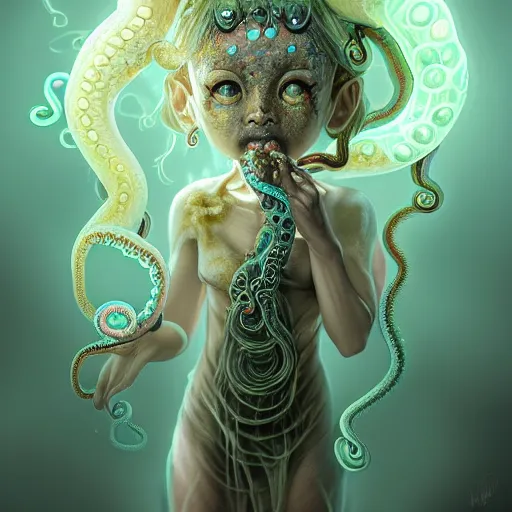 Image similar to A full shot of a cute magical monster Cryptid wearing a dress made of opals and tentacles. Chibi. Subsurface Scattering. Translucent Skin. Caustics. Prismatic light. defined facial features, symmetrical facial features. Opalescent surface. Soft Lighting. beautiful lighting. By Giger and Ruan Jia and Artgerm and WLOP and William-Adolphe Bouguereau and Loish and Lisa Frank. Sailor Moon. trending on artstation, featured on pixiv, award winning, sharp, details, intricate details, realistic, Hyper-detailed, HD, HDR, 4K, 8K.