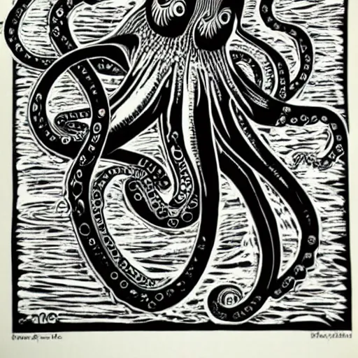 Image similar to a cross between a cat and an octopus, realistic, detailed, linocut