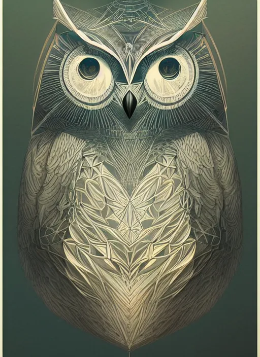 Image similar to portrait of a geometric owl, identical eyes, medium shot, illustration, full body made of white feathers, symmetrical, art stand, super detailed, cinematic lighting, and its detailed and intricate, gorgeous, by peter mohrbacher