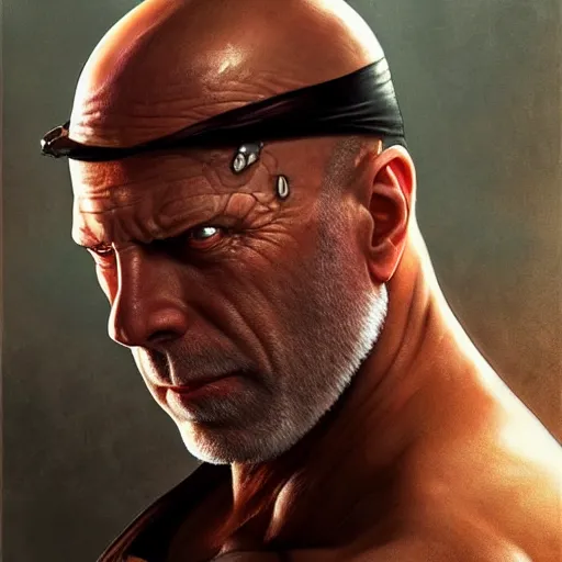 Prompt: bruce willis as sagat from street fighter, wearing an eye patch, 4 k, ultra realistic, detailed focused art by artgerm and greg rutkowski and alphonse mucha