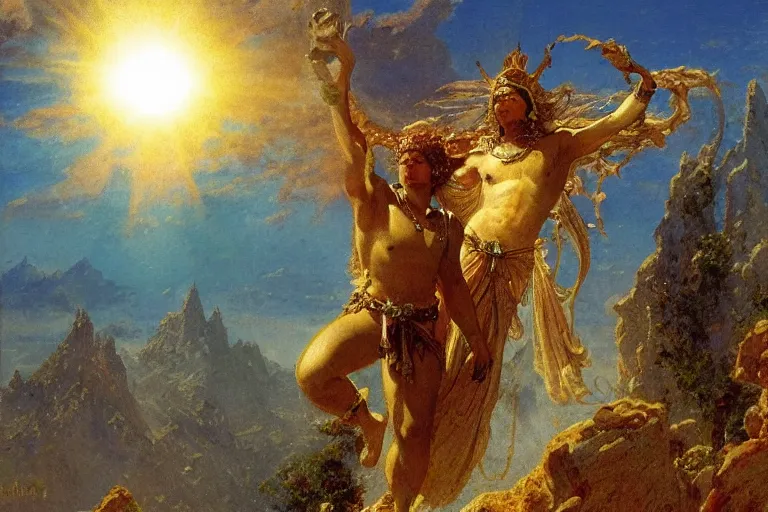 Prompt: illustration of a mythical hero standing at the top of a mountain with the sun in his hands, holding it up to shine over the world. mythology. art by gaston bussiere.