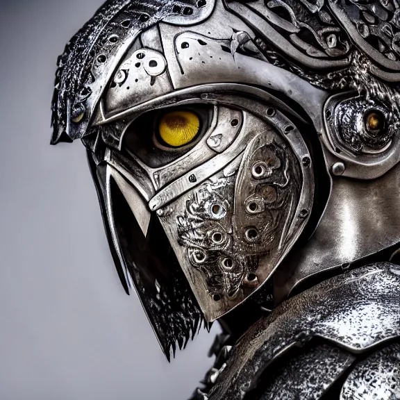 Image similar to photo of a warrior with metal owl theme armour, 4 k, hdr, smooth, sharp focus, high resolution, award - winning photo