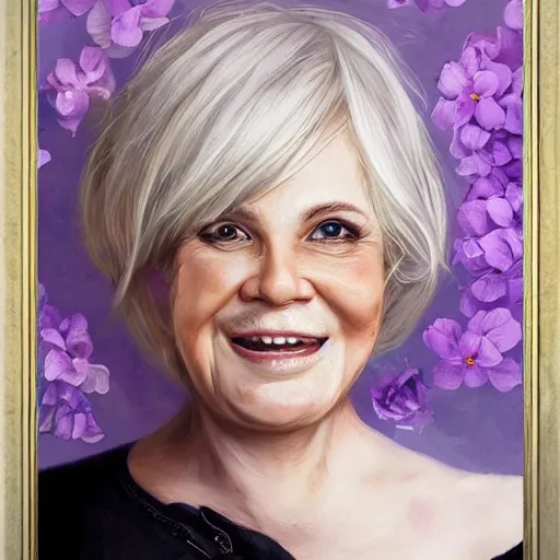 Prompt: 6 0 year old mildly overweight american blonde woman, welcoming grin, wearing black, both arms completely filled with lavender hydrangeas, small white dog at her side, portrait, headshot, in the style of alexis franklin, thomas river, ross tran, wlop, artgerm, detailed, high quality