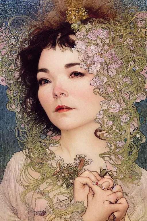 Prompt: Björk, sensual woman, realistic detailed face portrait of Björk by Alphonse Mucha, Ayami Kojima, Amano, Charlie Bowater, Karol Bak, Greg Hildebrandt, Jean Delville, and Mark Brooks, Art Nouveau, Neo-Gothic, gothic, rich deep moody colors, full body portrait