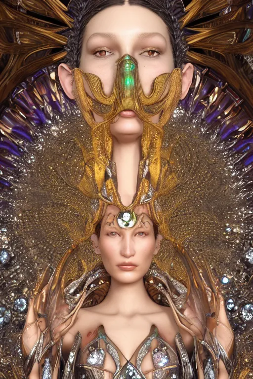 Image similar to a highly detailed metahuman 4 k close up render of an alien goddess bella hadid as deity in iris van herpen dress schiaparelli in diamonds crystals swarovski and jewelry in style of alphonse mucha gustav klimt trending on artstation made in unreal engine 4