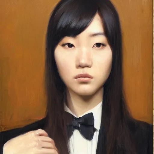 Image similar to portrait of a beautiful korean girl with long hair and bangs wearing a tuxedo an angry expression, oil on canvas, elegant pose, masterpiece, Jonathan Yeo painting