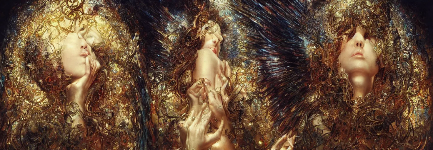 Image similar to thousands of angels on their knees worshiping a light, shining lights, god rays by by Karol Bak, Ayami Kojima, Amano and Olivier Ledroit