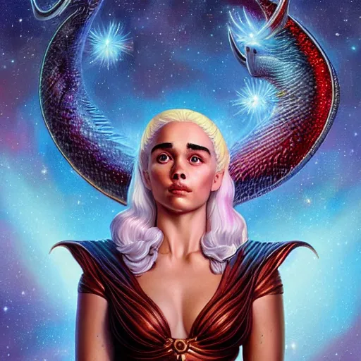 Image similar to fire flaming cosmic lofi daenerys targaryen portrait, queen of dragons, Pixar style, by Tristan Eaton Stanley Artgerm and Tom Bagshaw.