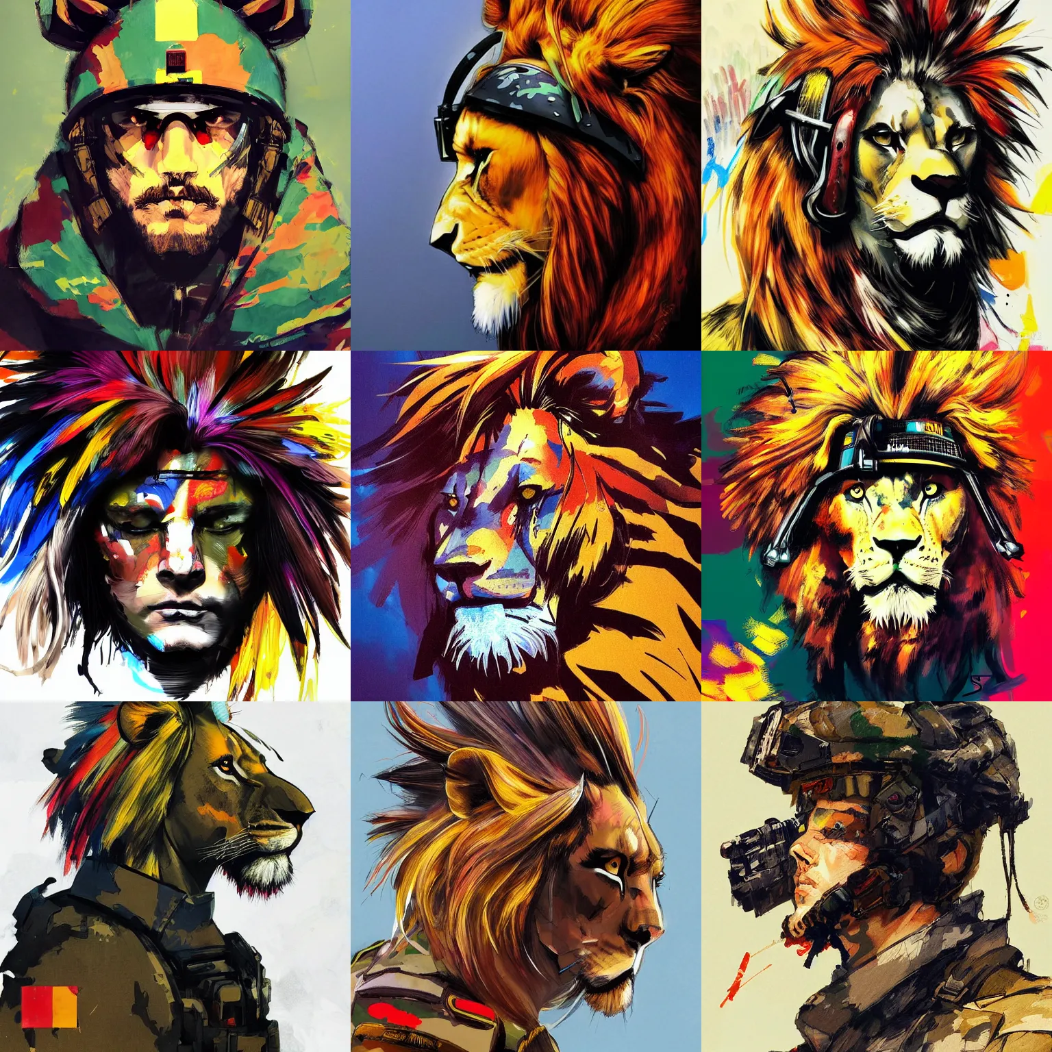Prompt: a beautiful side portrait painting of a soldier, with a lion helmet. the mane is pretty colorful. art by yoji shinkawa, trending on artstation, award - winning, perfect composition.