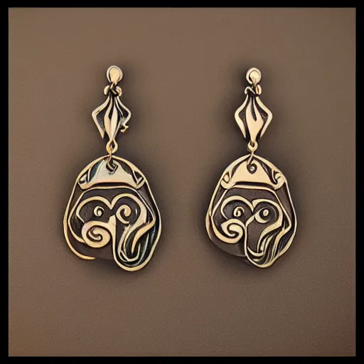 Prompt: hyperrealistic artnouveau style earrings with the face of a cat - like woman in atlantis