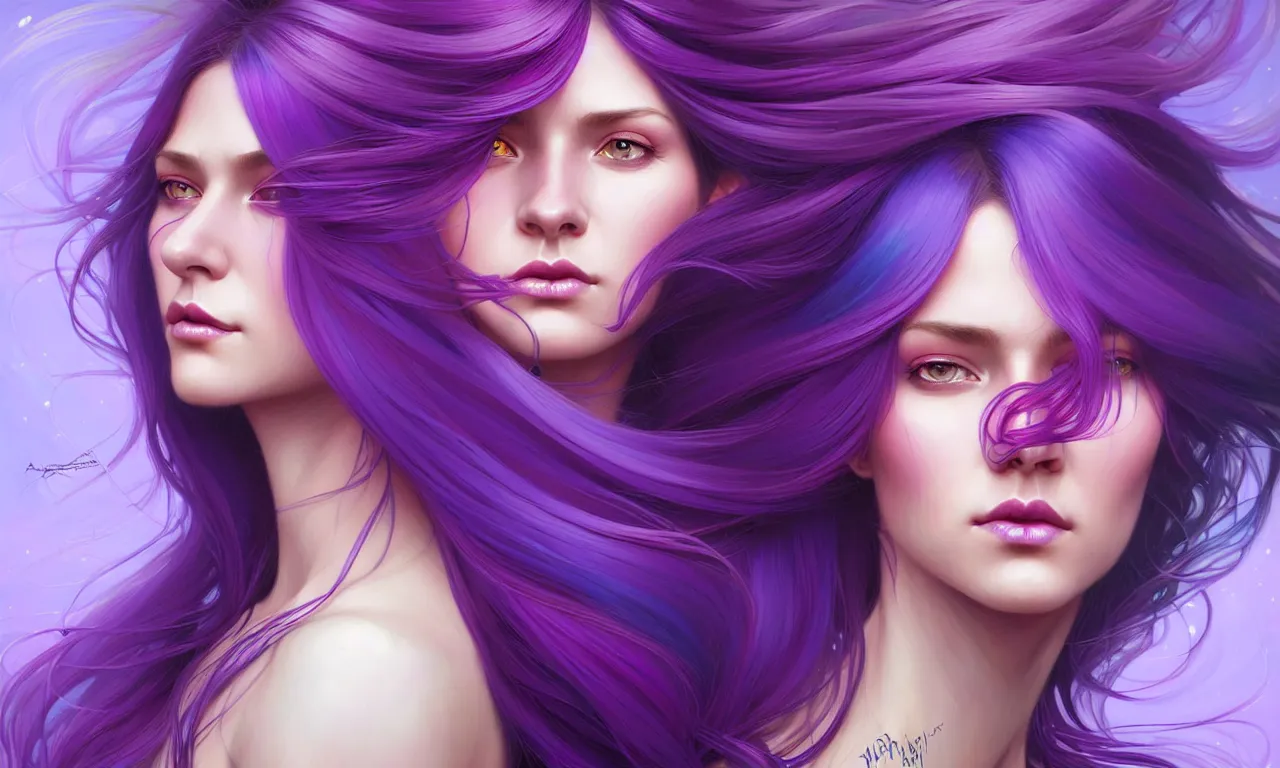 Image similar to Portrait of a woman with bright colored flying hair, all shades of purple. Hair coloring, amber eyes, face, long hair, fantasy, intricate, elegant, highly detailed, digital painting, artstation, concept art, smooth, sharp focus, illustration, art by artgerm and greg rutkowski and alphonse mucha