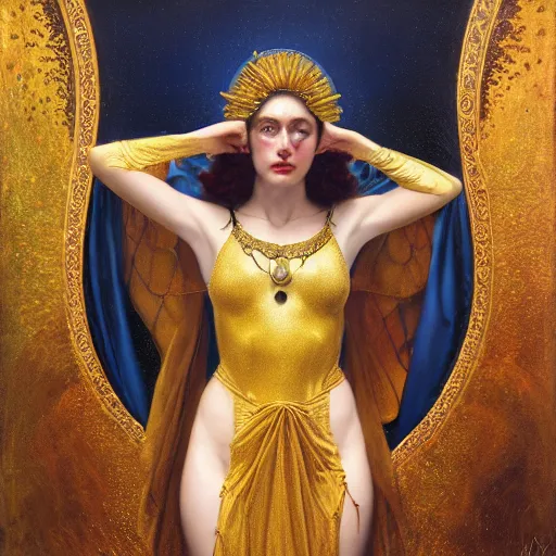 Image similar to highly detailed oil painting | very intricate | cinematic lighting | award - winning | the goddess babalon wearing a gold and blue dress | by roberto ferri, by tom bagshaw, by j. c. leyendecker and klimt, beautiful cinematic light, american romanticism, by austin osman spare, artstation, cgsociety, official art, octane