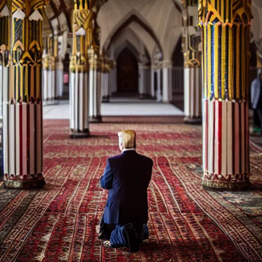 Image similar to Trump praying in mosque, award winning cinematic photography, 50 mm, blurred background, perfect faces