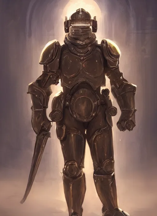 Image similar to medium-length portrait of a male paladin with short curly hair and a salt-and-pepper beard, dark brown skin, happy expression, wears a suit of power armor, magitech!, powered by an arcane core!, medieval setting, highly detailed, digital painting, (artstation), concept art, sharp focus, illustration, art by greg rutkowski and alphonse mucha