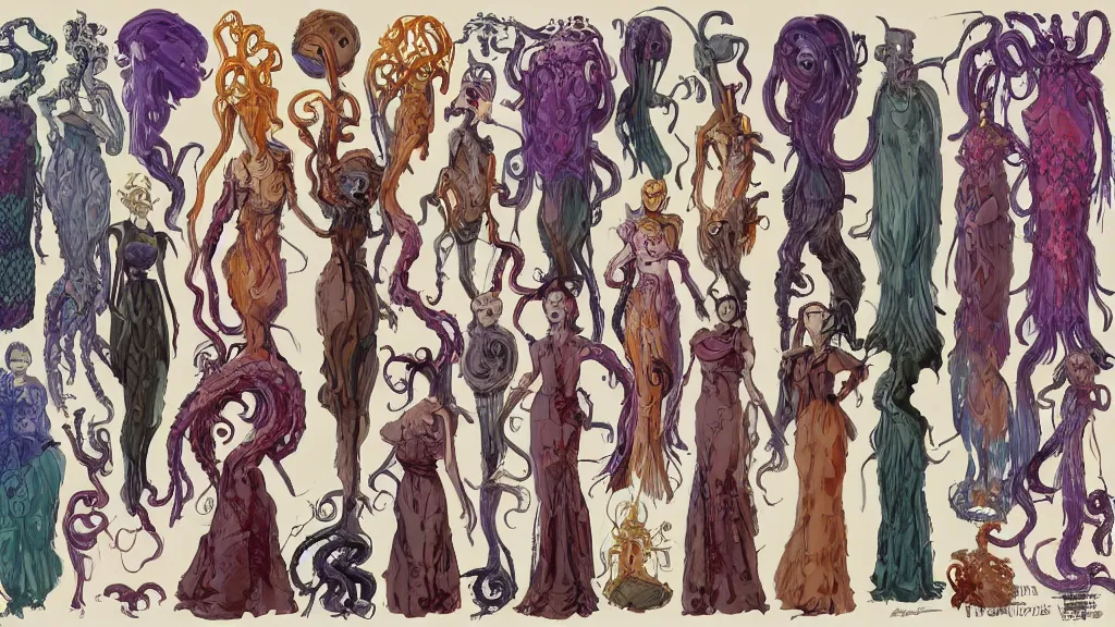 Image similar to highly detailed colorful character sheet for a stocky alien extraterrestrial victorian female servant maid with thick snake - like tentacles instead of hair, long dress with apron, mucha, jim henson creature shop, impact by craig mullins, by studio ghibli, digital art, trending on artstation, hd, 8 k, good lighting, beautiful, rough paper, masterpiece