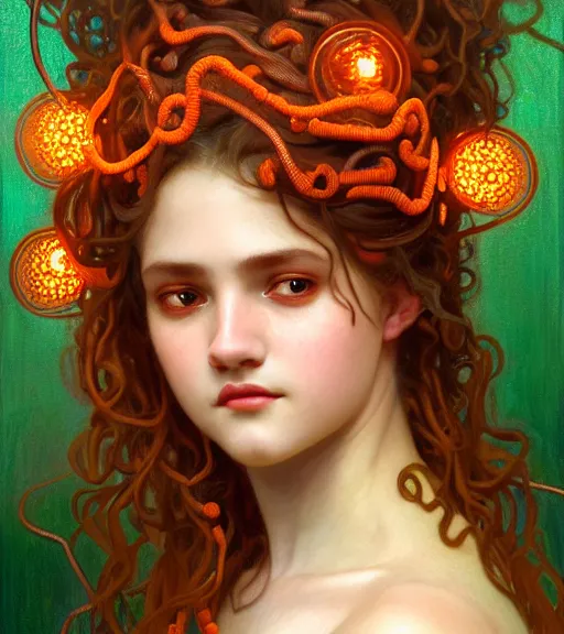 Image similar to portrait of teenage medusa, snake hair, naughty smile, wearing an embroidered orange tunic, intricate, sensual, sultry, elegant, copper and emerald jewelry, glowing lights, seductive, highly detailed, digital painting, artstation, concept art, smooth, sharp focus, illustration, art by wlop, mucha, artgerm, and greg rutkowski