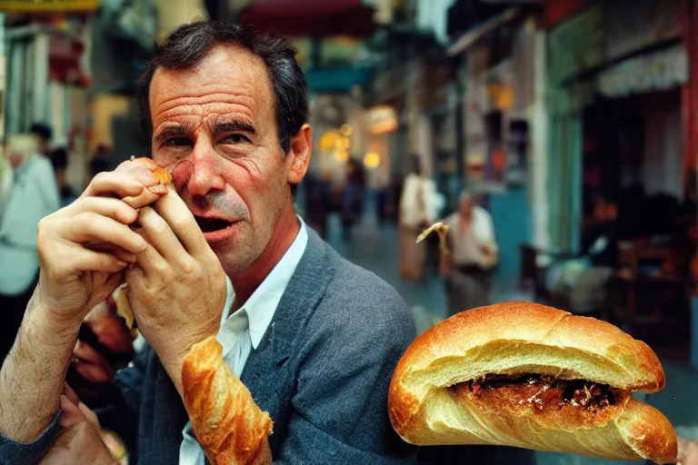 Prompt: closeup portait of a man being eaten by a giant baguette, natural light, sharp, detailed face, magazine, press, photo, Steve McCurry, David Lazar, Canon, Nikon, focus