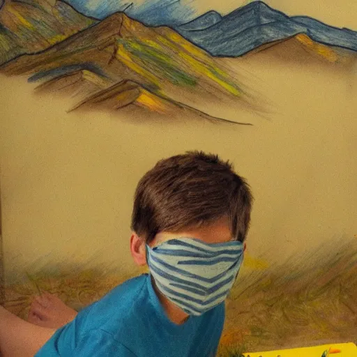 Prompt: boy with a blindfold, drawing sketches on his notebook, colorful painting, in the style of henry thomas schaefer, mountains in the background, masterpiece,