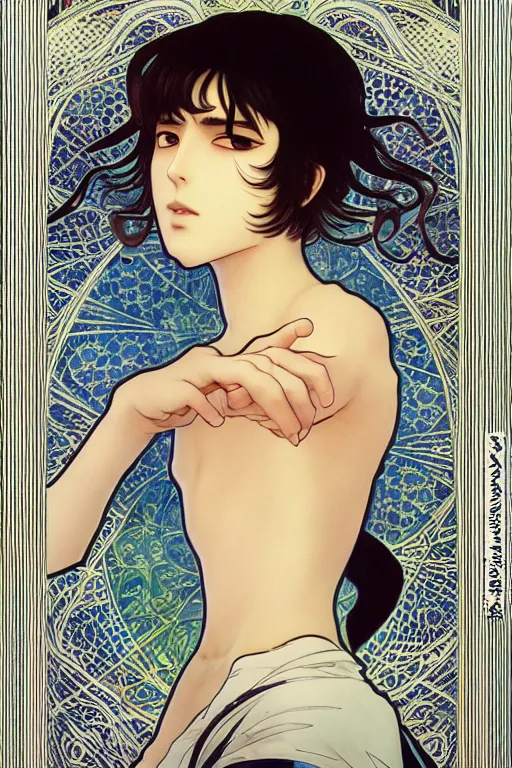 Prompt: beautiful medium shot manga portrait of young arabic man inspired by ayami kojima with short hair dressed with a white t - shirt, white background white bank studio light, art by yoshitaka amano, alfons mucha, hiroaki samura, jiro matsumoto and yusuke murata, sharp focus, high quality, 8 k