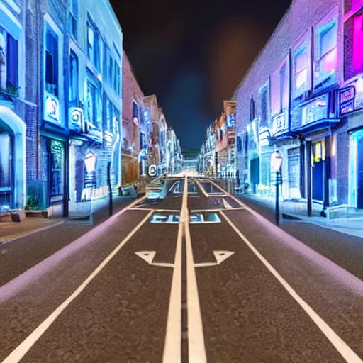 Prompt: a volumetric city of pure blue light, beautiful street with city structures of blue light emission, perspective looking through augmented reality, this town is rendered but the street is real life, photo