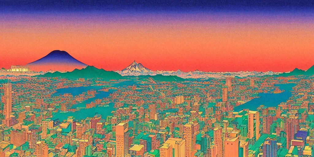 Image similar to skyline of a large metropolis, large mountain looming in the background, acid and dreaming psychedelic hallucinations, by kawase hasui, moebius and edward hopper, colorful flat surreal design, hd, 8 k, artstation