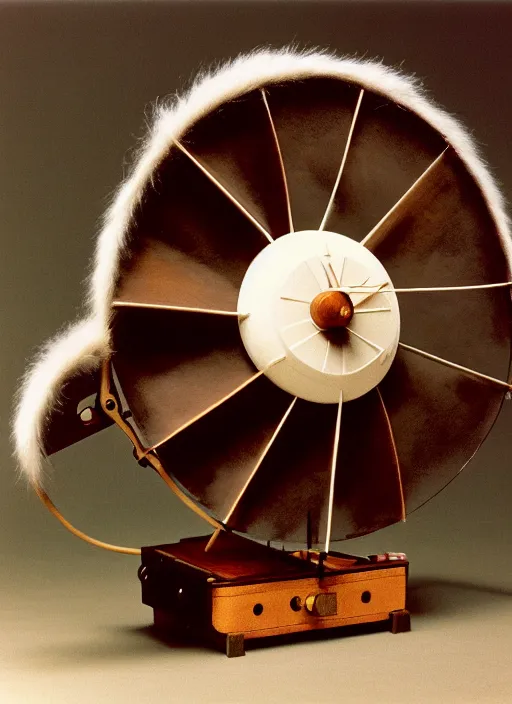 Image similar to realistic photo of a a medieval ritual chemistry appliance model fan, made of wood white clay and fur with black wires 1 9 9 0, life magazine reportage photo, natural colors, metropolitan museum collection