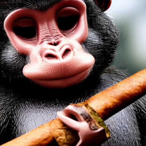 Image similar to a high detail closeup shot of a depressed monkey wearing a suit and smoking a cigar