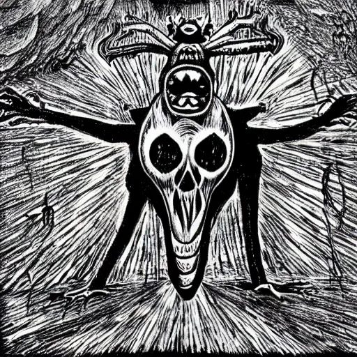 Image similar to a black and white drawing of a creepy creature, a woodcut by david wojnarowicz, deviantart, gothic art, made of insects, grotesque, demonic photograph