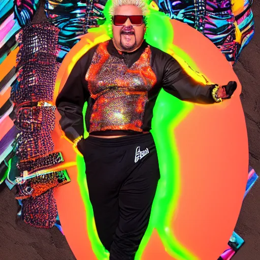 Prompt: guy fieri covered in chocolate wearing a neon colored mesh crop top and pit vipers