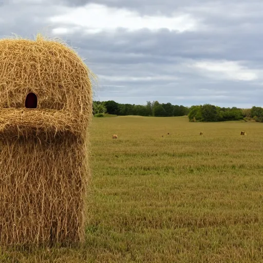 Prompt: a hay monster in a field looking ominously at the camera