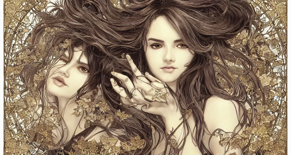 Image similar to golden leaves at frame border, creative!!! composition for a book cover!!!, absurdly beautiful, ultrafine hyperrealistic detailed old!! witch face by wlop and artgerm and alphonse mucha, intricate linework, sharp focus, smooth, octopath traveler, final fantasy, unreal engine, dramatic lighting, ethereal, 8 k