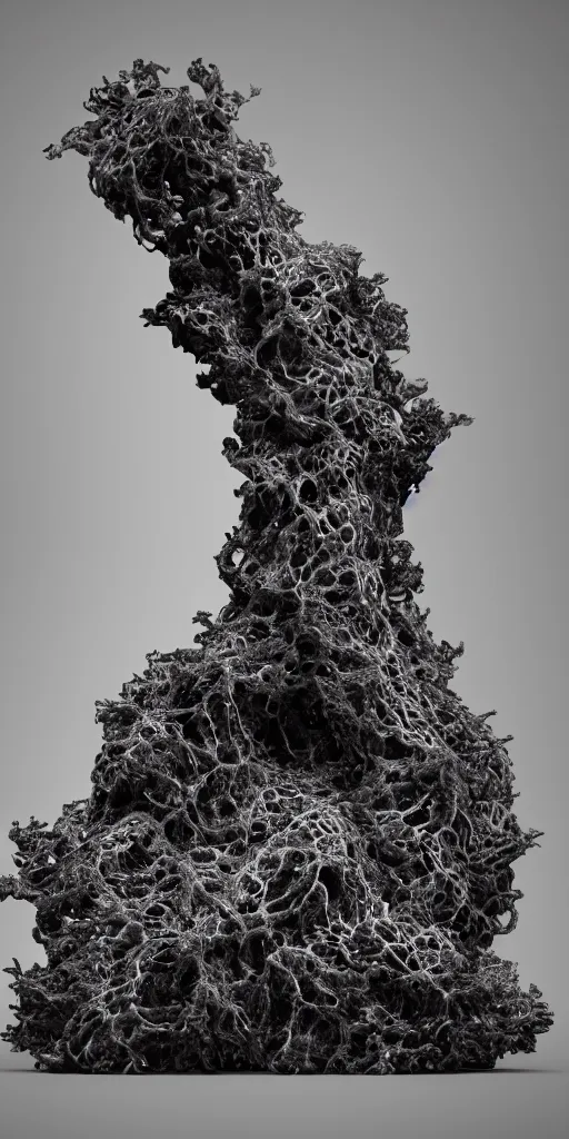 Image similar to a photorealistic render of a topographic sculpture made of melted metal and bioluminescent beings on a black background, c 4 d, by zhelong xu ouchh studio and ernst haeckel, wide angle, hyper realistic, plain black background, 8 k, volumetric lightning, octane render