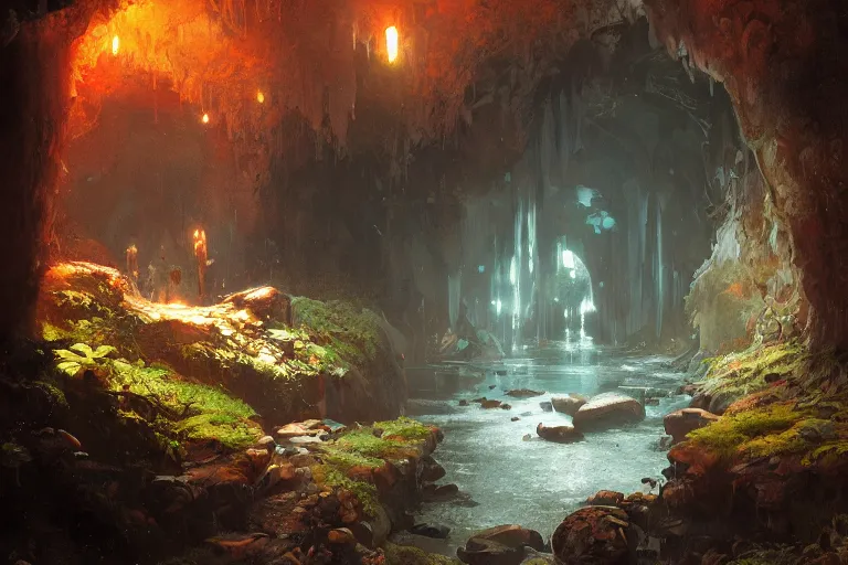 Prompt: inside of a dark cave, small water stream, orange minerals, vegetation, fantasy, highly detailed, art by greg rutkowski