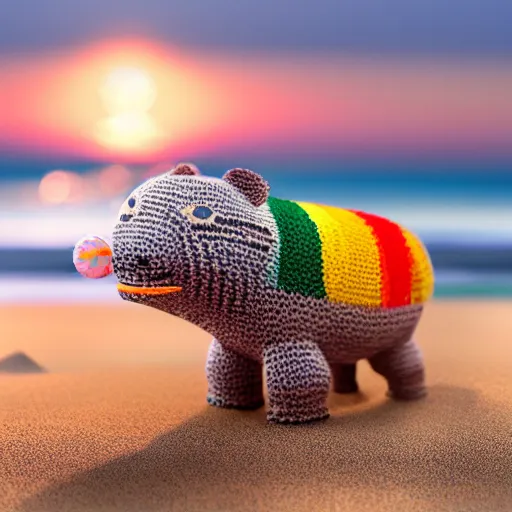 Prompt: a closeup photorealistic photograph of a cute smiling knitted tiger hippopotamus catching a beachball at sunset. surf in the background. professional capture. this 4 k hd image is trending on artstation, featured on behance, well - rendered, extra crisp, features intricate detail, epic composition and the style of unreal engine.