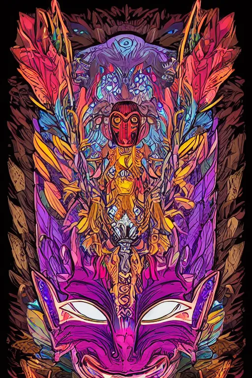 Image similar to animal mask totem roots flower tribal feather gemstone plant wood rock shaman vodoo video game vector cutout illustration vivid multicolor borderlands comics by josan gonzales and dan mumford radiating a glowing aura