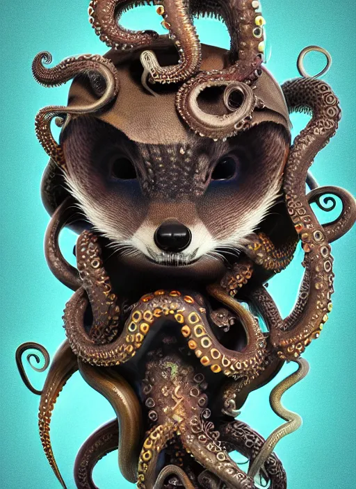 Image similar to raccoon and octopus hybrid, rococo, intricate geometry, rainbow mycelium, basil wolverton, hr giger, octane render,