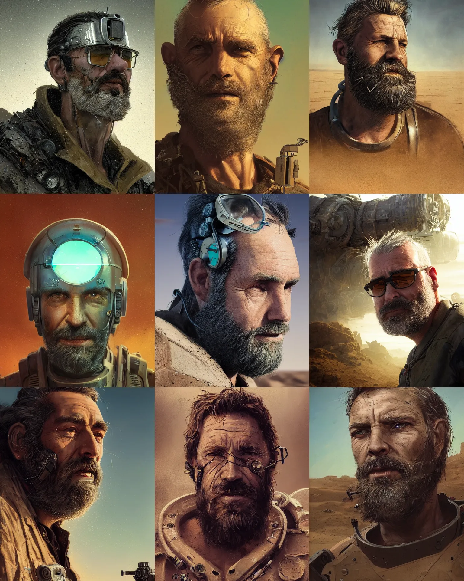 Prompt: a rugged middle aged engineer man with cybernetic enhancements and unique hair lost in the desert, scifi character portrait by greg rutkowski, esuthio, craig mullins, short beard, green eyes, 1 / 4 headshot, cinematic lighting, dystopian scifi gear, gloomy, profile picture, mechanical, half robot, implants, steampunk