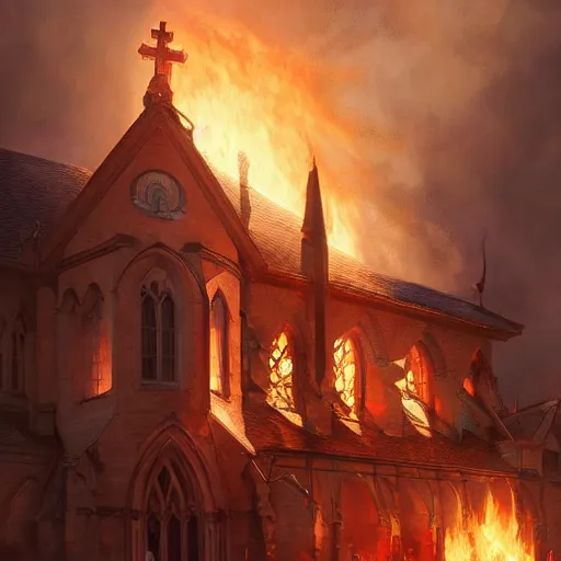 Prompt: ultra realistic illustration, a church on fire, highly detailed, digital painting, artstation, concept art, smooth, sharp focus, illustration, art by artgerm and greg rutkowski and alphonse mucha