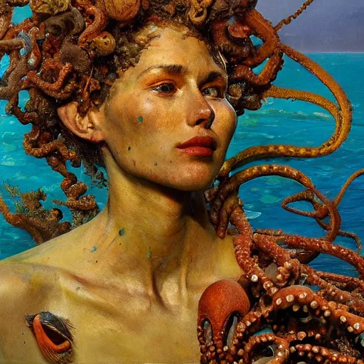 Image similar to a sculpture portrait made of seaweed and coral and shells and octopus, painting part by wojciech siudmak, part by ilya repin, part by max ernst, part by norman rockwell, artstation